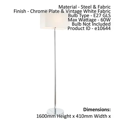 Floor Lamp Light Chrome & Vintage White Fabric 60W E27 Base & Shade e10644