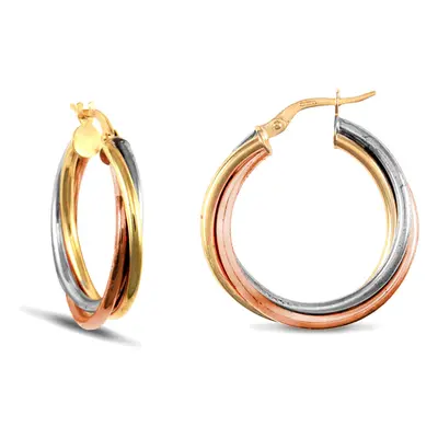 Jewelco London Ladies 9ct Yellow White and Rose Gold Russian Wedding Ring 3mm Hoop Earrings 25mm