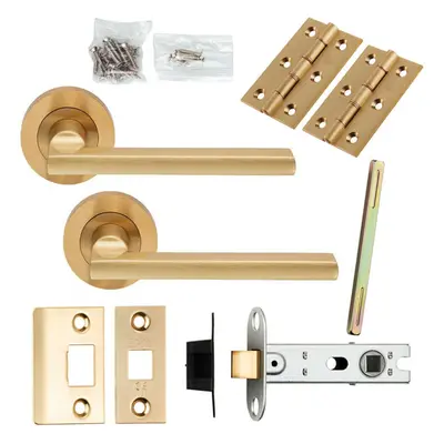 Door Handle & Latch Pack Satin Brass Plinth Mounted Bar Screwless Round Rose