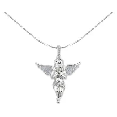 Jewelco London Unisex Rhodium Plated Sterling Silver CZ Cherub Angel Wings Cross Pendant Necklac