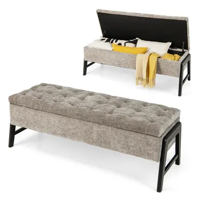 Chenille Bench Storage Tufted Ottoman Wood Legs Entryway Bedroom Grey