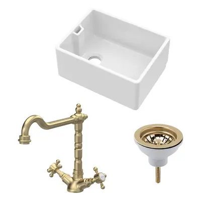 Fireclay Kitchen Bundle - Single Bowl Belfast Sink, Strainer Waste & French Classic Tap, 595mm -