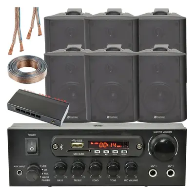 3 Zone Bluetooth Speaker Kit 6x 70W Black Wall Mounted Home Bar Stereo Amplifier