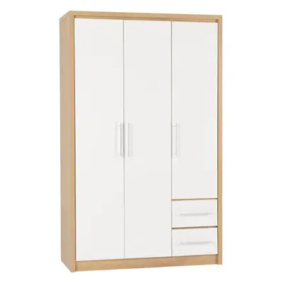 Seville Door Drawer Wardrobe White Gloss and Oak Effect Hanging Rail Shelves