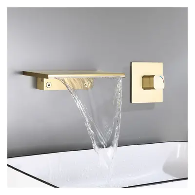 (Gold) Modern Single Handle Wall Mount Faucet Waterfall Spout Bathroom Tub Basin Concealed Tap H