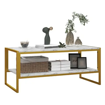 HOMCOM Two-Tier Coffee Table with Marble Effect Shelf and Metal Frame White