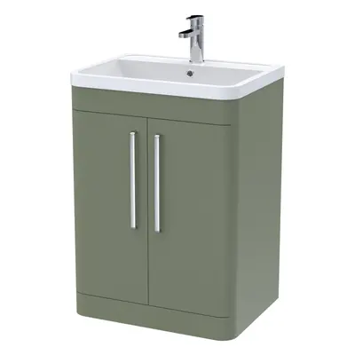 Floor Standing Door Vanity Unit with Polymarble Basin - 600mm - Satin Green