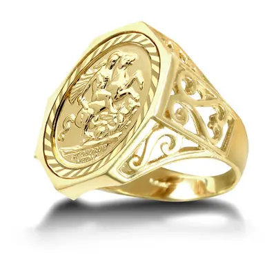 (T) Jewelco London Men's Solid 9ct Gold Octagon Scroll St George & Dragon Medallion Ring (Full S