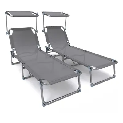 VOUNOT Textilene Folding Sun Loungers Set of with Backrest & Sunshade, Grey