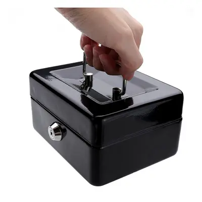 Mini Portable Money Safe Storage Case Black Sturdy Metal With Coin Tray Cash Carry Box