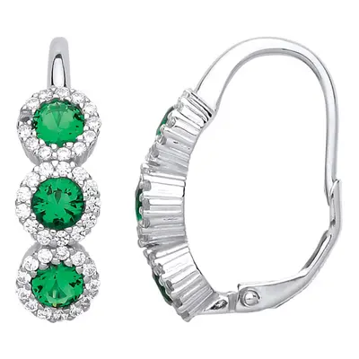 Jewelco London Ladies Sterling Silver Emerald-Green Cubic Zirconia Trilogy Halo Cluster Drop Ear