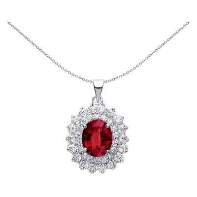 Jewelco London Ladies Sterling Silver Ruby-Red Oval Cubic Zirconia Royal Cluster Pendant Necklac