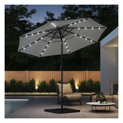 (Light Grey, 4Pcs 15L Water Tanks) LED Lights Solar Powered Sun Shade Umbrella Outdoor Tilting P