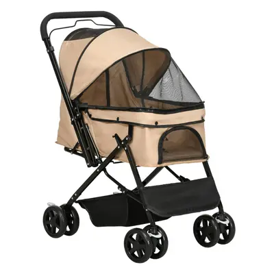 PawHut Pet Stroller Dog Foldable Travel Carriage with Reversible Handle, Brown