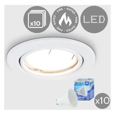 Pack of Fire Rated Gloss White Tiltable GU10 Recessed Ceiling Downlights - Complete with 5w LED 