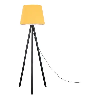 Modern Black Wood Tripod Design Floor Lamp with a Mustard Tapered Shade - Complete with a 6w LED