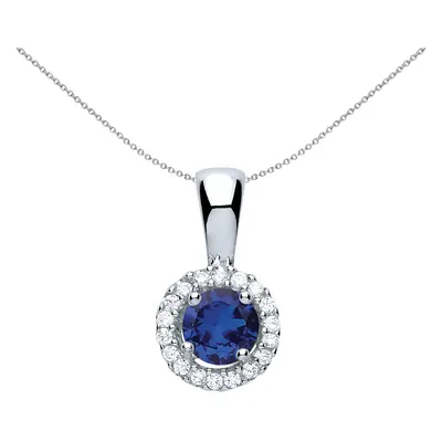 Jewelco London Ladies Rhodium Plated Sterling Silver Blue CZ Solitaire Halo Pendant Necklace inc