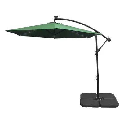 (Green, Plain Base) 3m LED Cantilever Parasol Banana Umbrella Garden