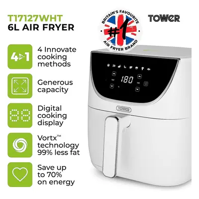 Tower T17127WHT Vortx Air Fryer with Digital Control Panel, 1700W, 6L, White