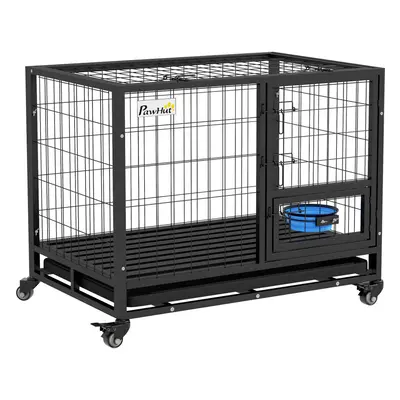 PawHut 36" Heavy Duty Dog Crate on Wheels w/ Bowl Holder, Removable Tray