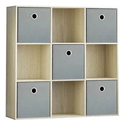 (Oak, Grey) Durham 3x3 Cube Shelf Drawer Bookcase + Baskets