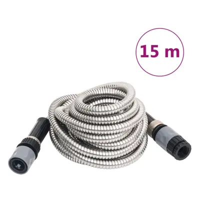 (15 m) vidaXL Garden Hose Patio Water Hose with Spray Nozzle Silver Stainless Steel