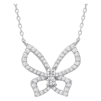 Jewelco London Ladies Rhodium Plated Sterling Silver CZ Art Deco Butterfly Outline Bow Lavalier 