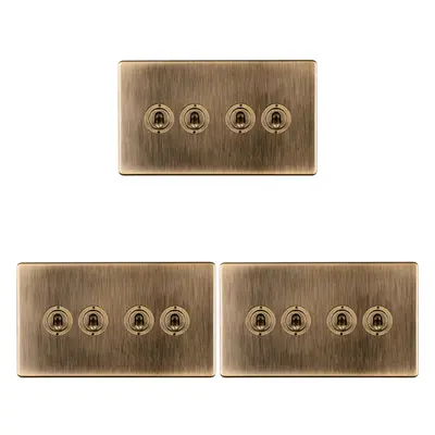 3 PACK Gang Quad Retro Toggle Light Switch SCREWLESS ANTIQUE BRASS 10A Way