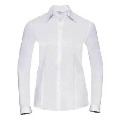 (L, White) Russell Ladies/Womens Herringbone Long Sleeve Work Shirt