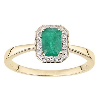 (N) Jewelco London 9ct Yellow Gold Octagon Emerald and Diamond Cluster Ring