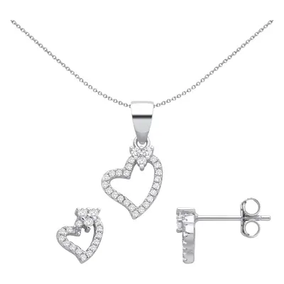 Jewelco London Ladies Rhodium Plated Sterling Silver CZ Accented Love Heart Halo Earrings Neckla