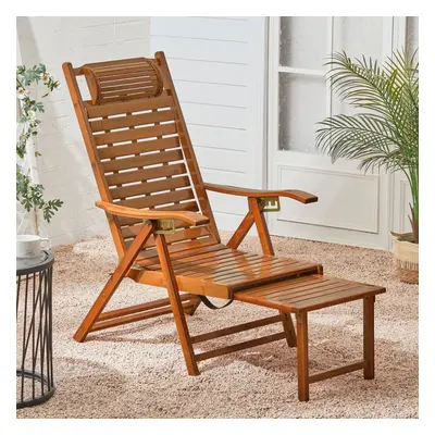 (Brown) Bamboo Foldable Recliner Lounge Chair with Retractable Footrest