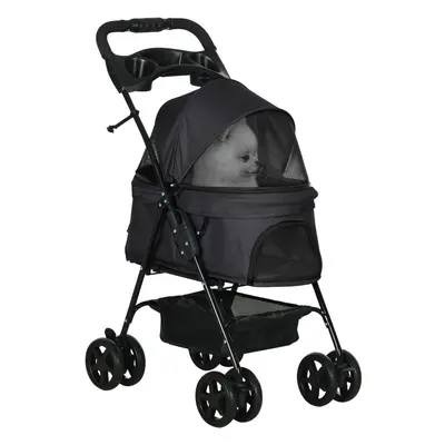 PawHut Pet Stroller Foldable Travel Carriage w/ Brake Basket Canopy, Black