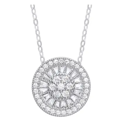 Jewelco London Ladies Sterling Silver Baguette Cubic Zirconia Sunburst Halo Cluster Pendant Neck