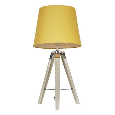 Modern Distressed Wood and Silver Chrome Tripod Table Lamp with a Mustard Tapered Light Shade - 