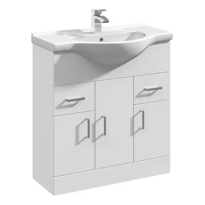 3 Door Drawer Bathroom Vanity Basin Unit with Round Basin - 750mm - Gloss White