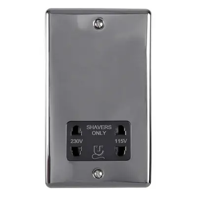 230v & 115v Shaver Twin Socket Wall Plate BLACK NICKEL & Black Trim 86mm x 146mm