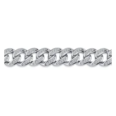 Jewelco London Men's Rhodium Silver Round CZ Cuban Curb Link Chain Necklace - ACN045A