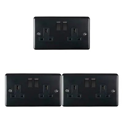 3 PACK Gang Double UK Plug Socket MATT BLACK 13A Switched Power Outlet