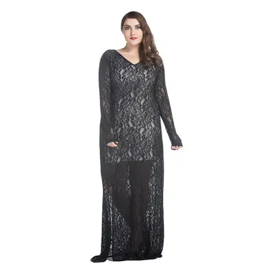 (Black, 7XL) Women Lace Maxi Dress V-Neck Full Sleeve Lined Evening Party Solid Long Plus Size