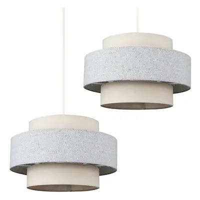 Pair of - Modern Cylinder Ceiling Pendant Light Shades in a Cream & Grey Herringbone Finish - Co