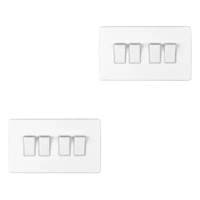 2 PACK Gang Quad Light Switch SCREWLESS MATT WHITE Way 10A Slim Rocker