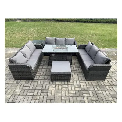 Fimous Rattan Furniture Garden Dining Set Gas Fire Pit Table With Side Table Seater Sofa Footsto