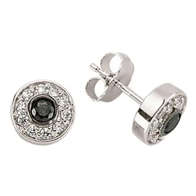 Jewelco London Ladies Sterling Silver Black Cubic Zirconia Flat Halo Stud Earrings - GVE364BLK