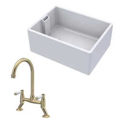 Fireclay Kitchen Bundle - Single Bowl Belfast Sink & Bridge Lever Mixer Tap, 615mm - Brushed Bra