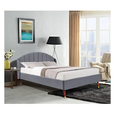 (Grey, With Amelia Mattress) 4ft6 Winged Plush Velvet Bed with Curved Headboard Colours