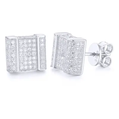 Jewelco London Rhodium Silver Round CZ Encrusted Accordion Cube Stud Earrings - AES168