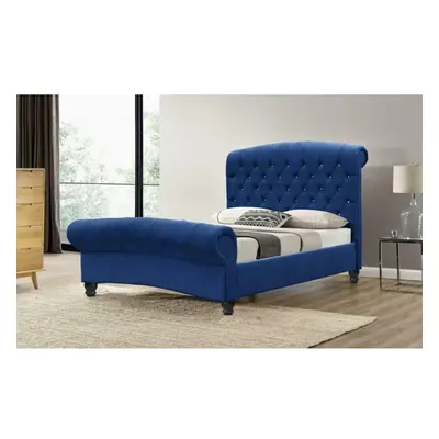 (Navy, Leila Mattress) 4ft6 Double Plush Velvet Diamante Chesterfield Sleigh Bed