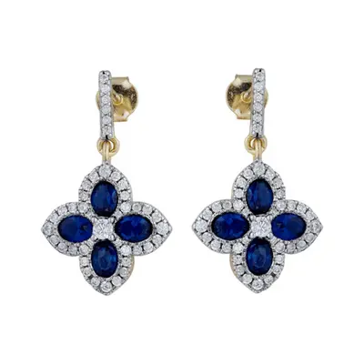 Jewelco London 14k Gold-plated Silver Blue Oval CZ Pointed Quatrefoil Clover Hanging Drop Earrin