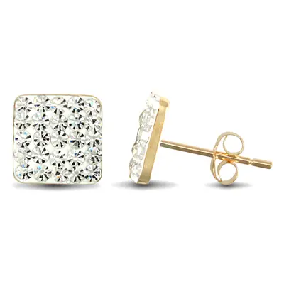 Jewelco London Ladies 9ct Yellow Gold White Round Crystal Disco Square Stud Earrings - JES218